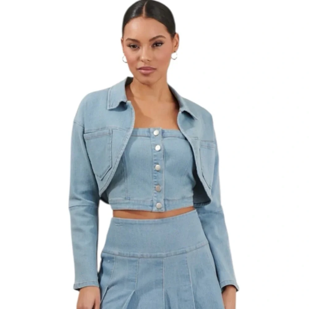 Sugarlips Roslyn Light Blue Cropped Stretch Denim Bolero Jacket Size XL Reg. $79 - Picture 9 of 12